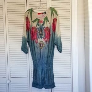 DESIGUAL Boho Dolman Sleeve Floral Mettalic Disco Mini Dress, Sz M